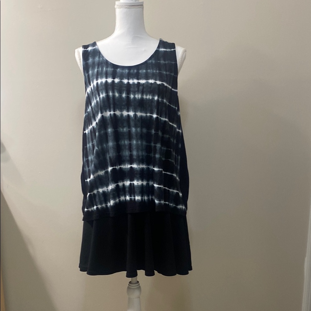 Black and White Tie-Dye Sleeveless Top with Cute Fluttery Black  Skirt